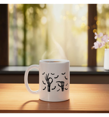Halloween Skeleton Hands Bats Spooky Minimal Design Ceramic Mug, White