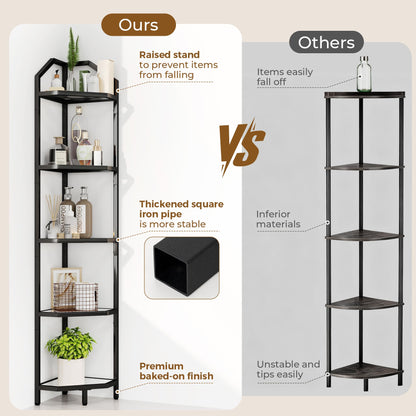 5 Tier Corner Wall Shelf Stand, 66" Metal Corner Shelves Bookshelf Display Shelf for Living Room Decor, Tall Plant Stand Multi Unit Organizer, Standing Shelf for Bedroom,Bathroom,Small Space (Black)