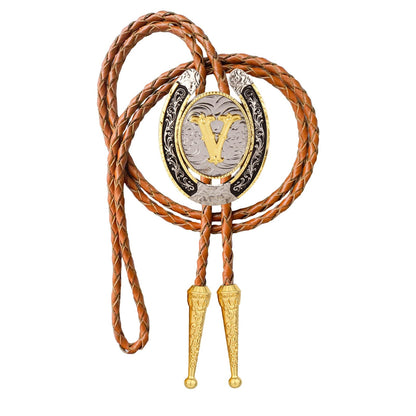 HLYMPONY Bolo tie for Men Western Cowboy Brown Leather Necktie Gold Initial Letter ABCDJMR to Z Bolo ties for Women (V)