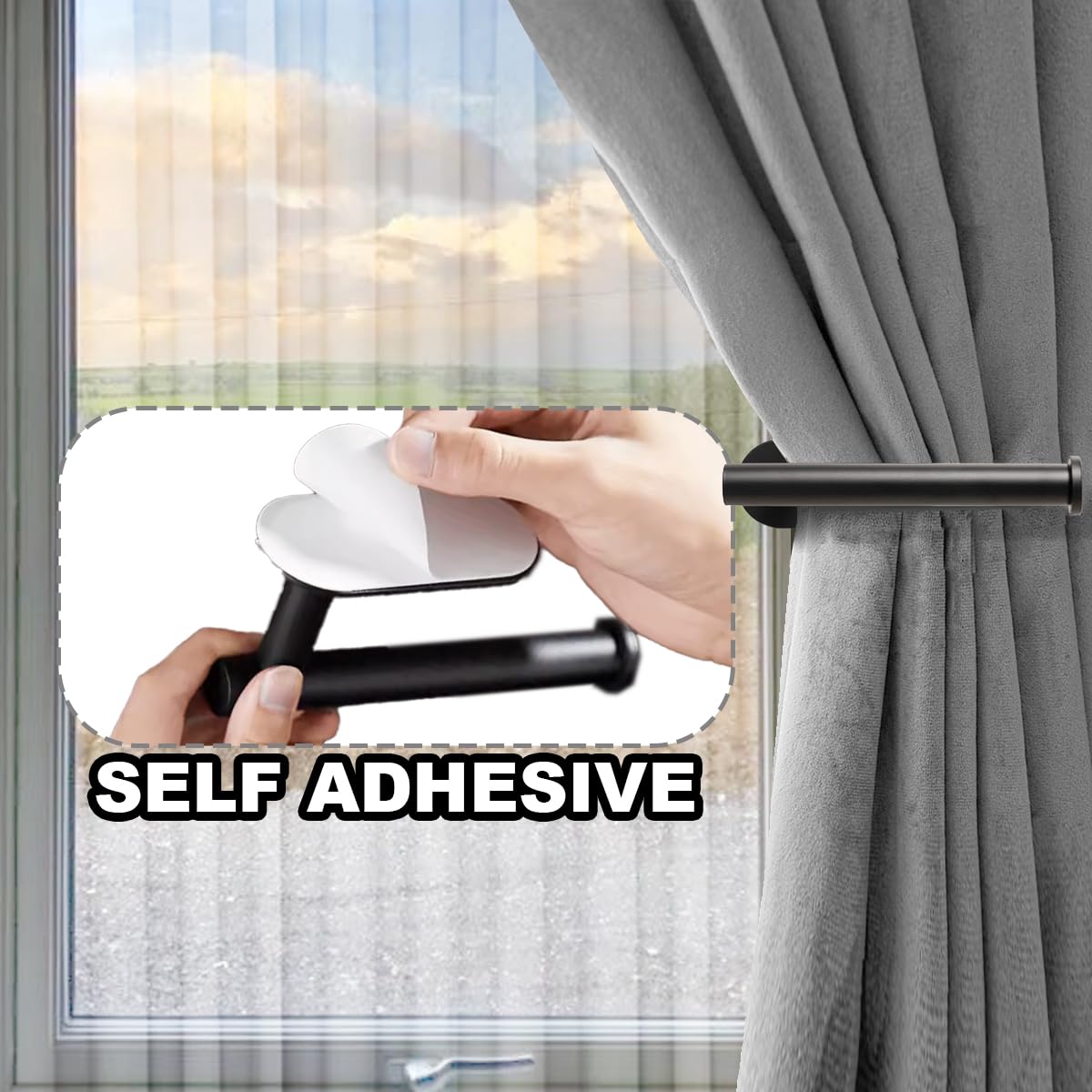Metal Curtain Holdbacks - Self-Adhesive Curtain Pull Backs, Curtain Hooks - No Drill Curtain Drapery Tiebacks Holders for Windows, Doors - Multi-Purpose Hooks for Home - Set of 4