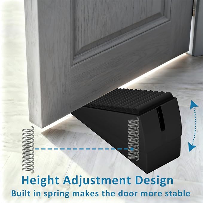 Optish Heavy Duty Door Stopper, Adjustable Spring Large Stopper, 3 Inches High Tall Wedge Stoppers for Bottom of Door, Door Stop Suits Wood, Carpet, Tiles, Home, Heavy Door, Black