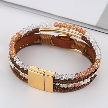 HZMAN Boho Handmade Multilayer Leather Wrap Bracelets for Women Acrylic Crystal Cuff Bangle Jewelry Gift