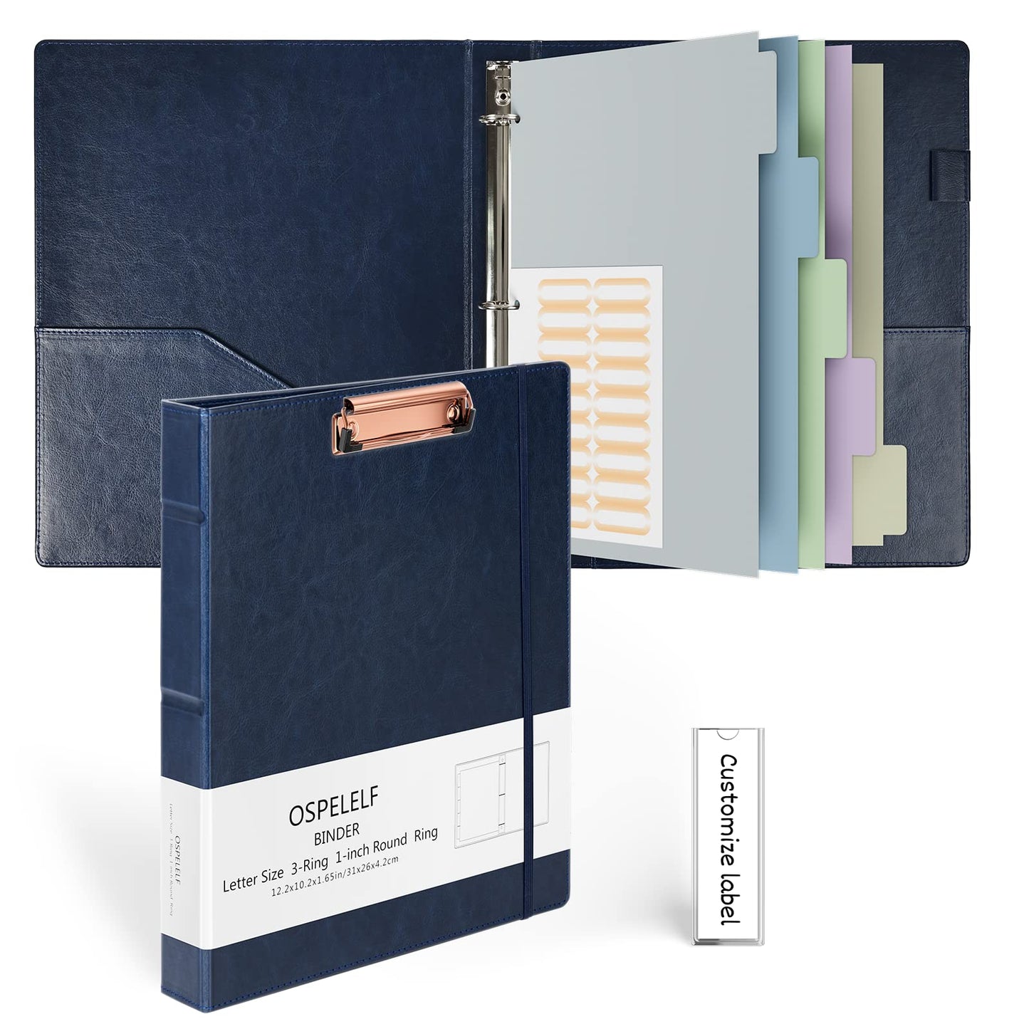 Ospelelf 3 Ring Binder With Clipboard 1 Inch Leather for Letter Size (8.5" x 11"), 5 Tab Dividers Office Supply, Dark Blue