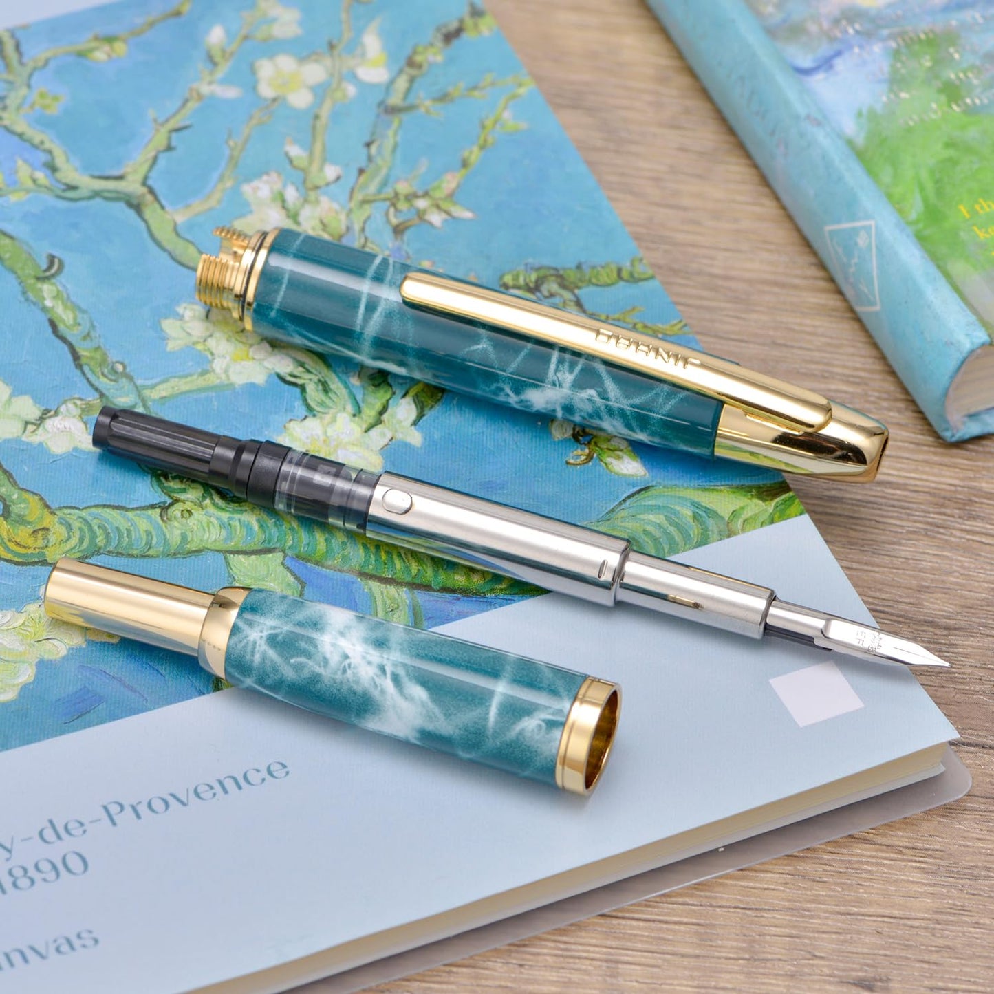 Jinhao 10 Press Fountain Pen with Box, Marble Blue Retractable Extra Fine Nib with Ink Converter Set (Golden Clip)