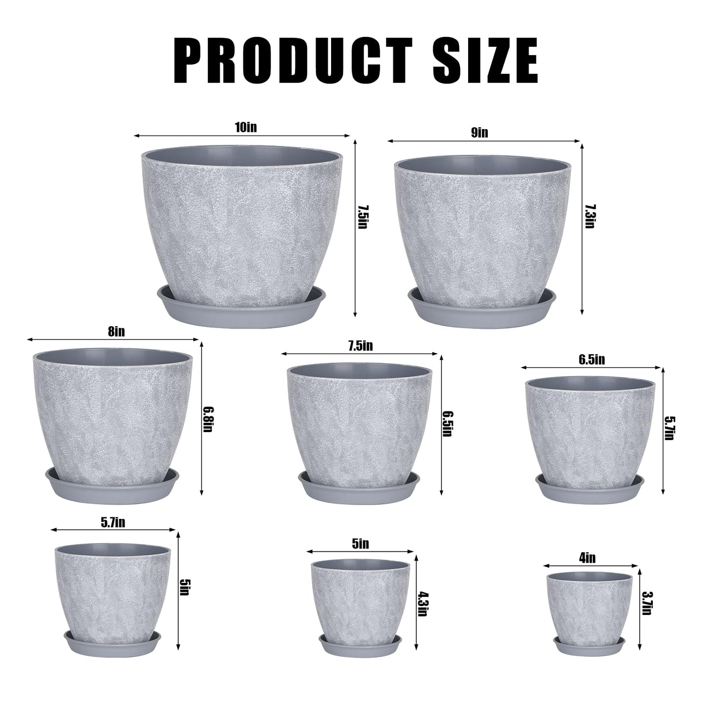 Set of 8 Plastic Planter, 10/9/8/7.5/6.5/5.7/5/4inch Plastic Planter, Flower Pot Indoor Decorative Large Plant Pot, Plant Pots Indoor with Drainage and Saucer for All House Plants (Set of 8)