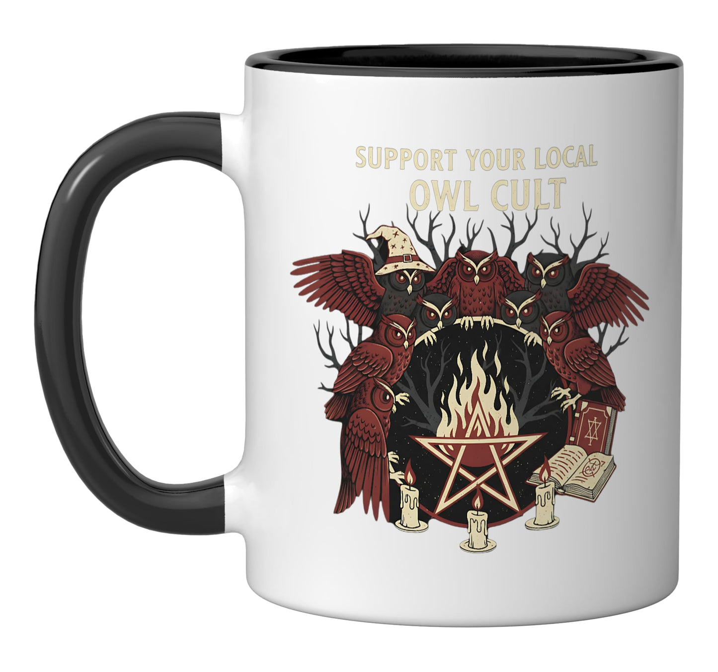 Owl Cult Funny Occult Witches Halloween Spooky Graphic Ceramic Mug, Black/White