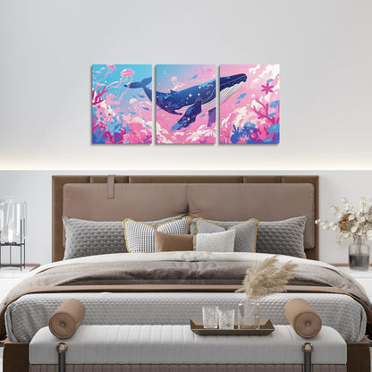 Feelyou Pretty Whale 3 Piece Canvas Wall Art for Living Room Bedroom Pink Blue Ocean Wall Art for Home Decor Jellyfish Office Wall Decor Dreamy Ocean Wall Painting