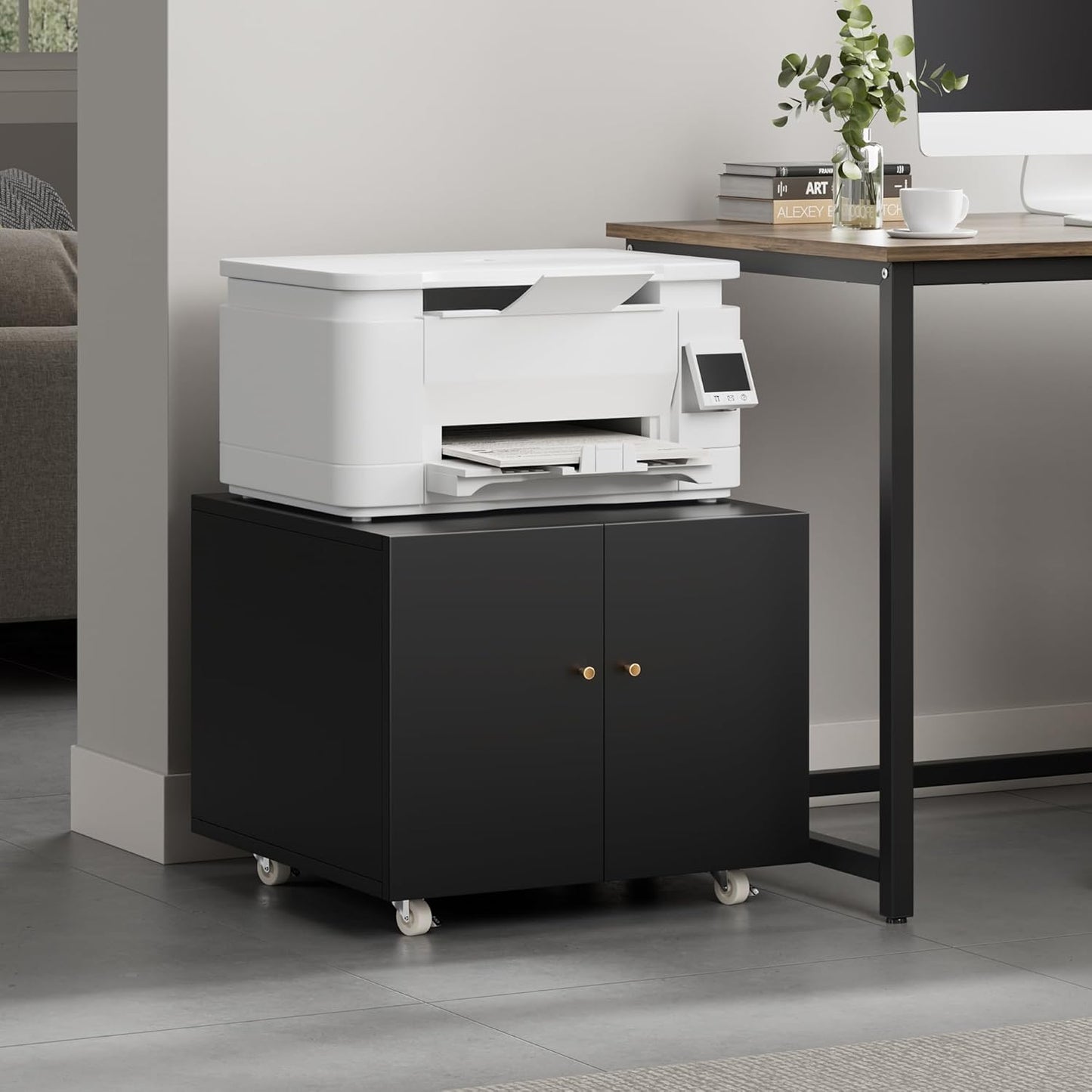 Warmiehomy Metal Printer Stand with Storage Mobile Printer Tables for Small Spaces with Door Adjustable Shelf Black File Cabinet on Wheels for Home Office