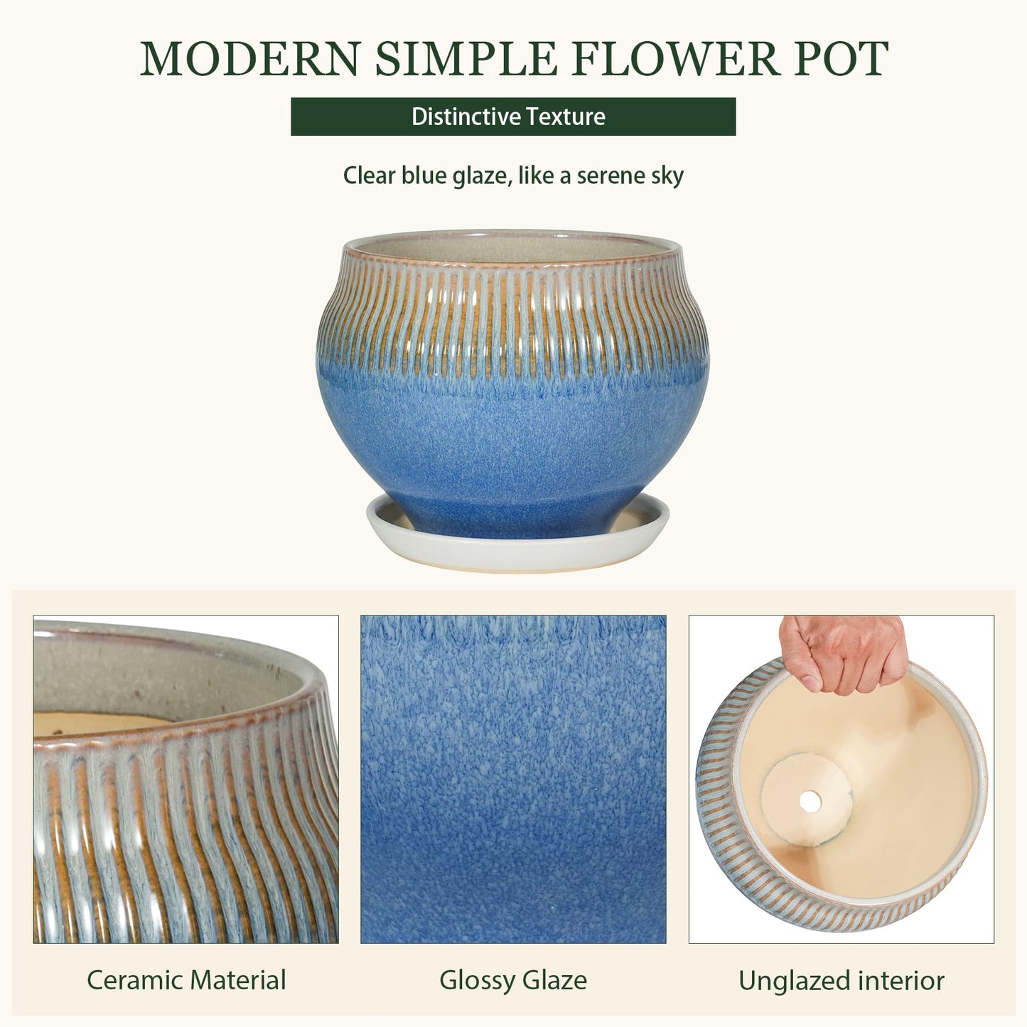 SAFIOROIS 8.3 Inch Modern Ceramic Plant Pot with Drainage Hole and Mesh Net, Indoor Outdoor Planter with Saucer & Gardening Glove, Pots for Succulents, Flowers, Large Plants, Blue