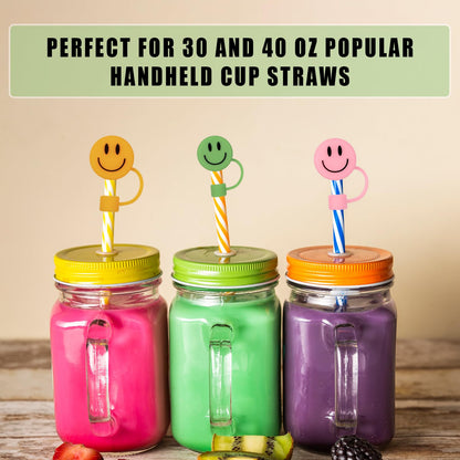 Whaline 6 Pcs Groovy Smile Face Straw Covers 0.4 Inch Silicone Reusable Round Straw Topper Double Sided Pattern Straws Tip Covers for 30 & 40 Oz Tumbler with Handle