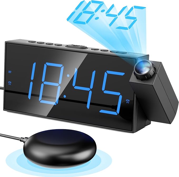 Mesqool Projection Alarm Clock with Bed Shaker, Dual Alarms, 180° Projector, 5-Level Dimmer, USB Phone Charger, Battery Backup, Loud Vibrating Alarm Clock for Heavy Sleepers, Snooze, DST