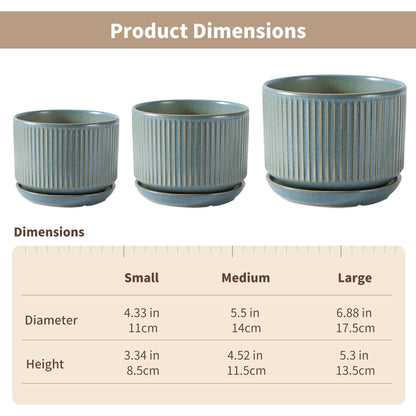 SURE YUESI Green Ceramic Plant Pots Set of 3 (4.3”+5.5”+6.7”), Indoor Striped Planters with Drainage Hole, Mesh Pads, Decorative Pots for Plants & Gardening