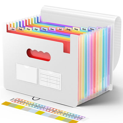 Sooez Accordion File Organizer, 13 Pockets Expanding File Folder, Portable Monthly Paper Bill Tax Receipt Organizer, Letter A4 Size Document Holder with Blank Labels, White