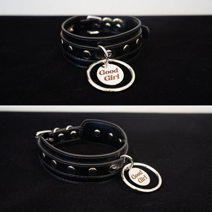 ADEMISHIA Black O-ring Leather Choker Collar for Women, Gothic Punk Style Adjustable Choker Necklace with Rivets and Engraved Letters Steel Tag