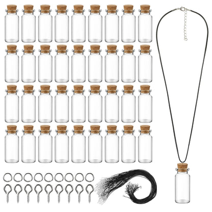 Sawysine 50 Set 10 ml Mini Glass Bottles with Cork Necklace Glass Tiny Wishing Bottle Vial Black Waxed Cord Eye Screws Clasp Rings for DIY Crafts Container Jars(Black)