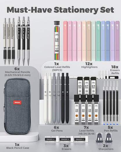Four Candies 45 PCS Stationery Set with Pen Case, College Supplies and Nursing Student Essentials, 12 Pastel Highlighters, 6 Black Gel Pens, 6 Mechanical Pencils, Black