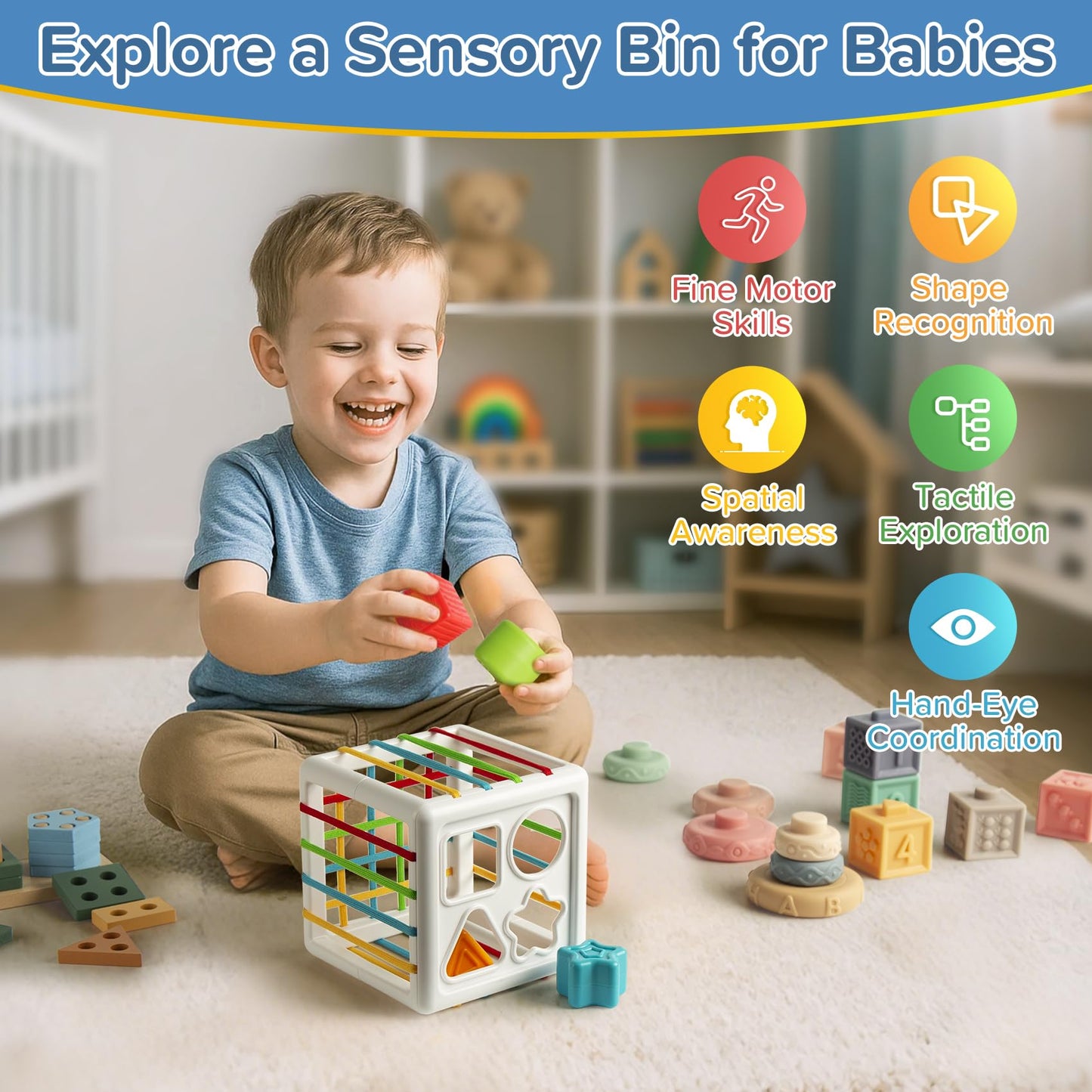 7‑in‑1 Montessori Baby Toys for 6‑12 Months & 1+ Years, Infant Sensory Teething & Stacking Blocks | Wooden Shape Sorter, Xylophone Musical Toy, Birthday Gift for Toddlers 1‑3