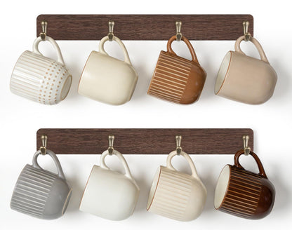 Mkono Coffee Mug Holder Wall Mounted Rustic Coffee Mug Rack with 8 Hooks Metal Display Shelf Wooden Tea Cup Organizer Hanger for Kitchen Dining Room Cabinet Coffee Bar,Set of 2 (Brown)