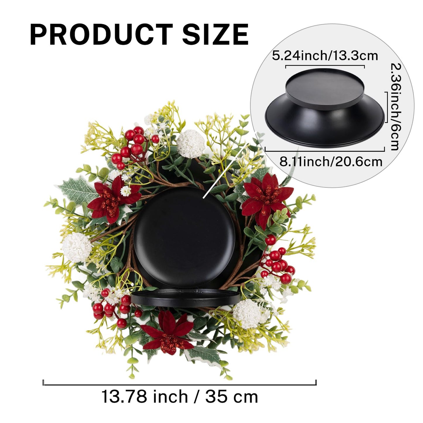 MOYEE Winter Christmas Candle Holder Centerpieces for Tables,Candle Ring, Black Metal Candlestick with an Artificial Wreath 14 in Versatile Dining Table Centrepiece (White Ball Wreath)