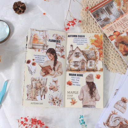 Dwpetzo Cozy Autumn Journaling Sticker Book, 20 Sheets Pe-Cut PET, Washi Tape, and Craft Paper Stickers for Junk Journal Supplies, Aesthetic Fall Stickers for Bujo, Collage, Scrapbook Supplies