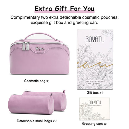 BOYATU Travel Makeup Bag Organizer Cosmetic Bag: 3 Pcs Set Make up Bags for Women with Handle - Waterproof Vegan Leather Toiletry Bags Travel Essentials Pouch with Compartments (C-06-Purple)