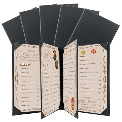 FLKQC Restaurant Menu Covers Holders 8.5 X 11, 5 Pack Synthetic Leather Menu Holder Covers Book Style with Angled Corners Black for Wine List, Certificate Organizer Diploma Holder (4 Page 6 View)