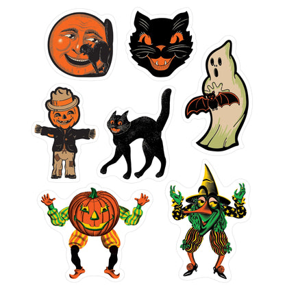 Beistle Vintage Halloween Window Clings, 28 Classic Icons on 4 Sheets, 12” x 17” Sheet, Cat Face, Moon, Ghost, Pumpkin Head Scarecrow, Scratch Cat, Goblin & Witch Characters