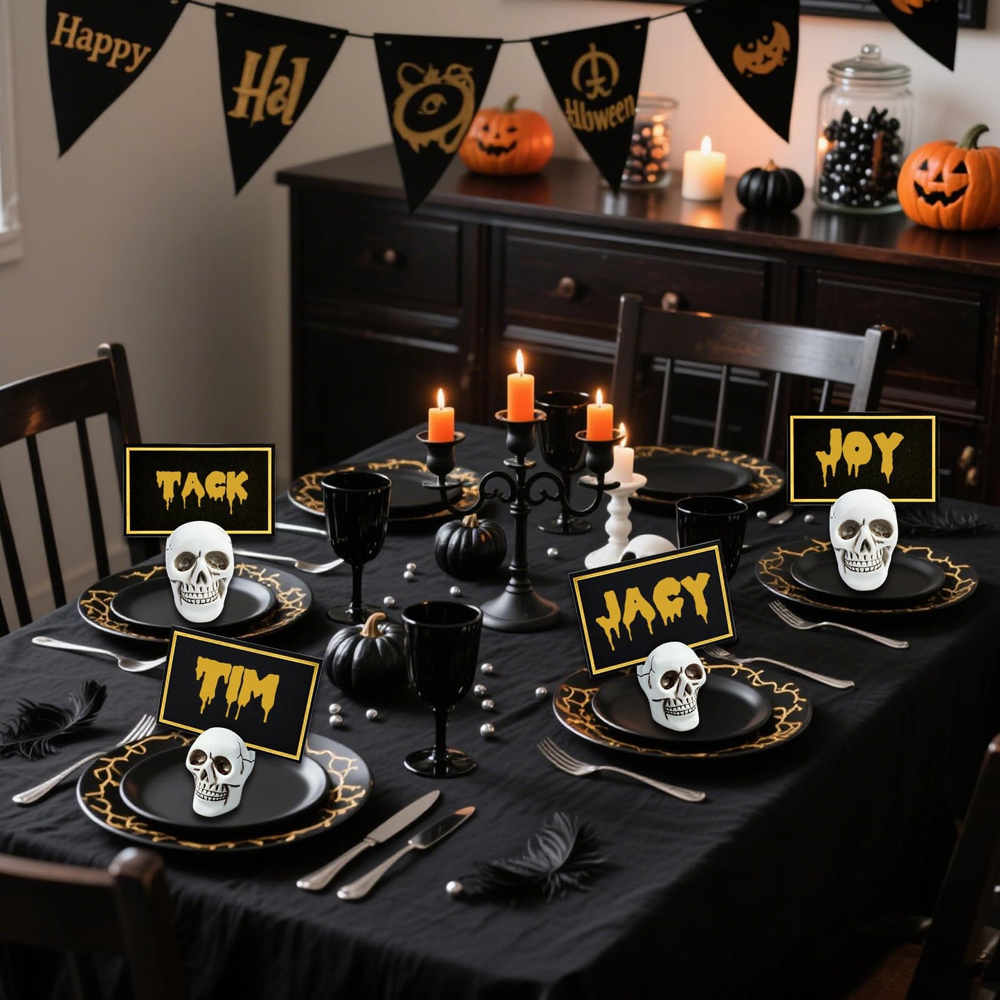 12pcs Halloween Skull Place Card Holders with 24 Cards, Skeleton Table Number Name Card Holder Gothic Photo Stands Display Centerpieces Halloween Table Setting Decor for Scary Birthday Wedding Party