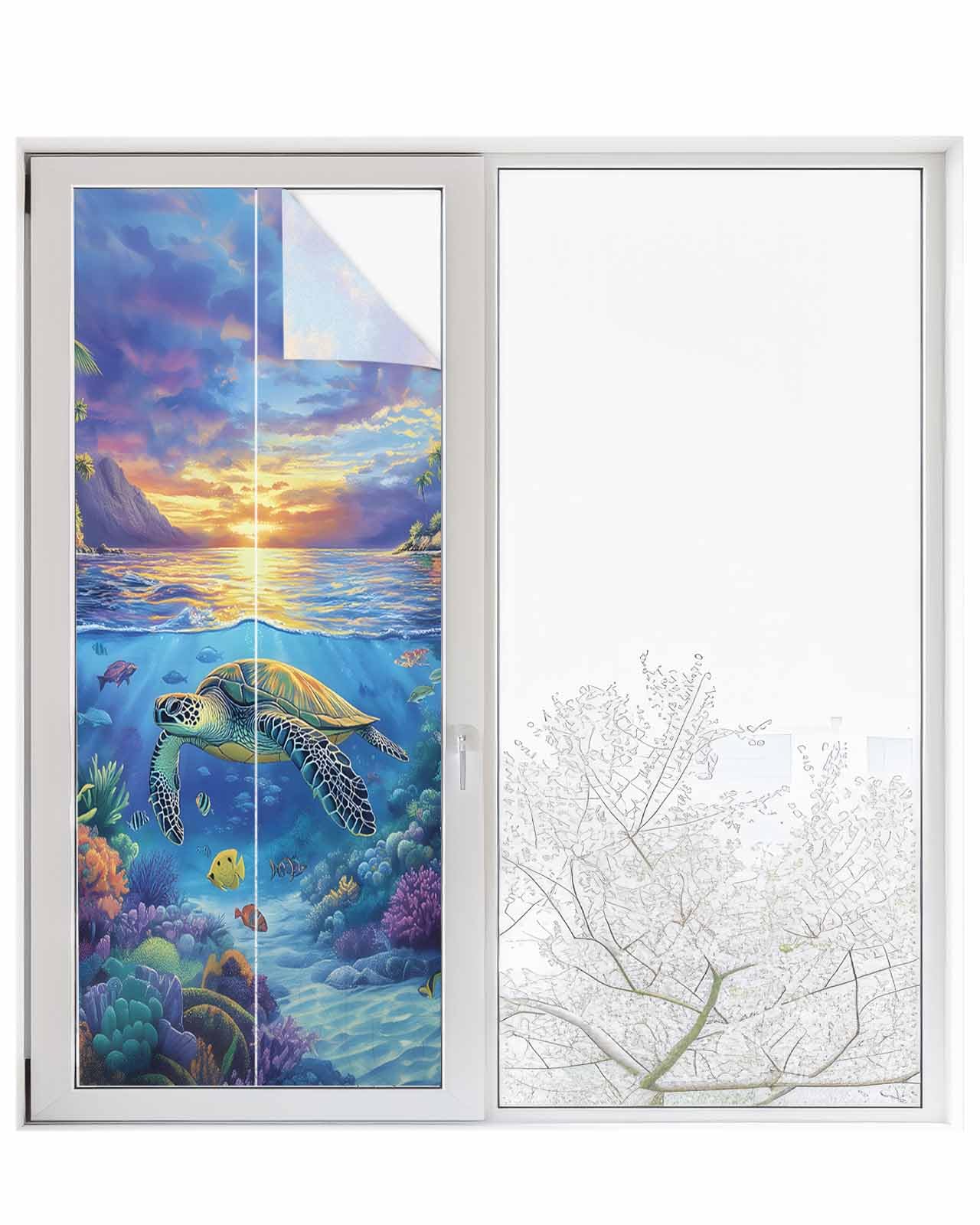 Sea Turtles Window Privacy Film Stained Glass Window Film Decorative Window Cover Static Window Cling for Glass Door Coastal Coral Tropical Fish Sunset Scenery Window Stickers for Bathroom 29.5"x78.7"