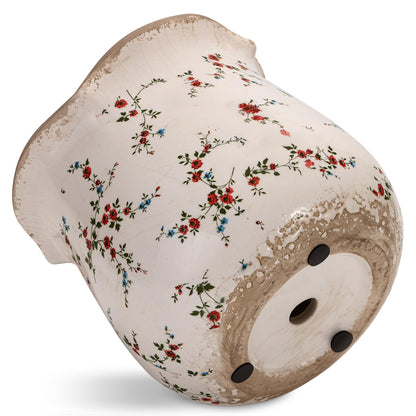 behen bahen Vintage Ceramic Planter Pot with Drainage Holes, Green Floral Design, 6.11 Inch, Distressed Tuscan Style, Indoor Plant Pot and Vase (Small Red Blooms)