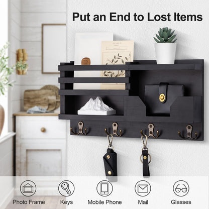 Lwenki Mail and Key Holder for Wall – Decorative 15.9” x 8.7” x 3.2” Entryway Organizer with Shelf – Paulownia Wood with 4 Dual Hooks Includes Mounting Hardware and Installation Guide