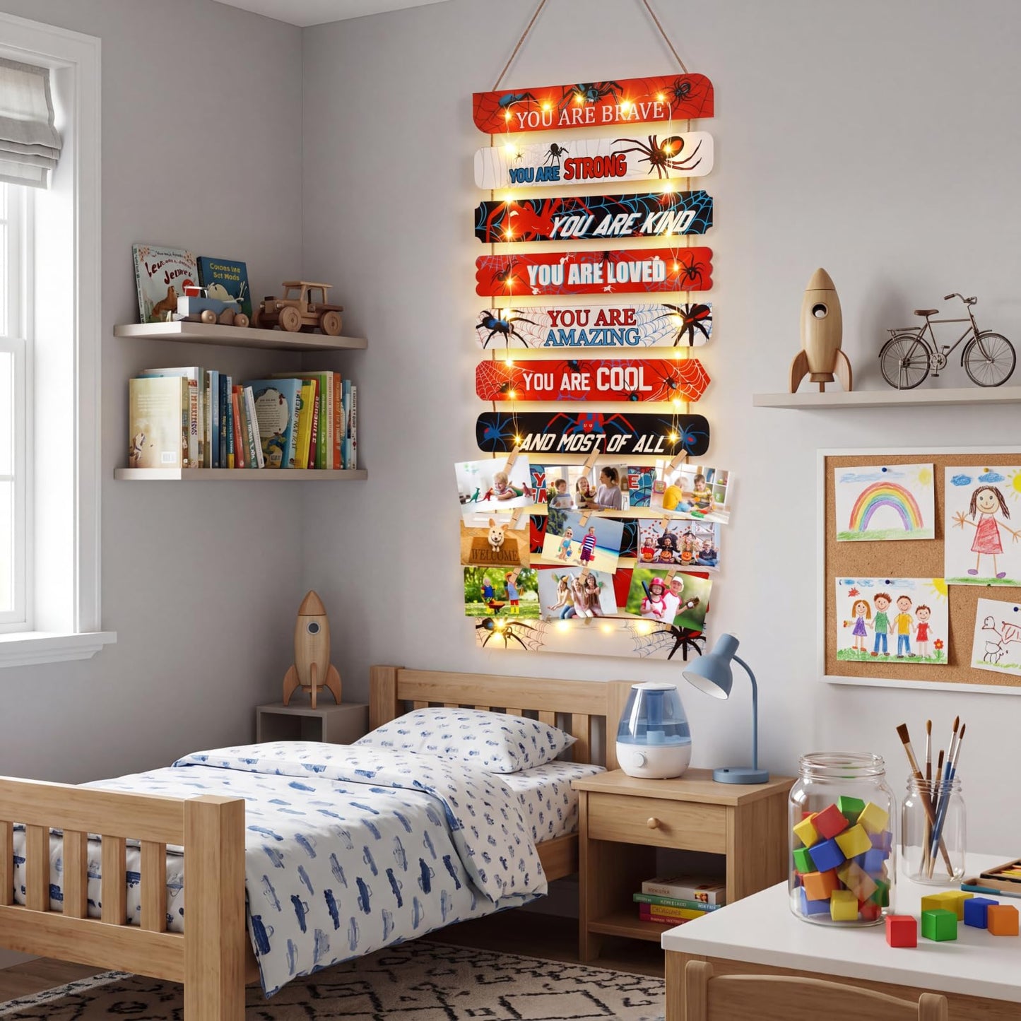 Threehoney Spider Room Decor with LED Lights for Boys Bedroom Wall Decor, Inspirational Spiders You Are Brave Wall Lights Art Decorations for Little Boy Kids Teen Room Playroom Sign Birthday Gifts