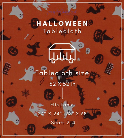 PurpleEssences Orange Black Halloween Tablecloth, Square Halloween Party Tablecloth Decoration, 52x52 Inch Machine Washable Cotton Table Cover, Haunted House