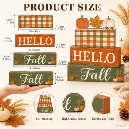 4 Pcs Fall Table Decorations, Hello Fall Tiered Tray Decor, Farmhouse Wooden Block Signs with Pumpkin & Maple Leaf, Rustic Buffalo Plaid Thanksgiving Tabletop Centerpiece for Home Kitchen Shelf