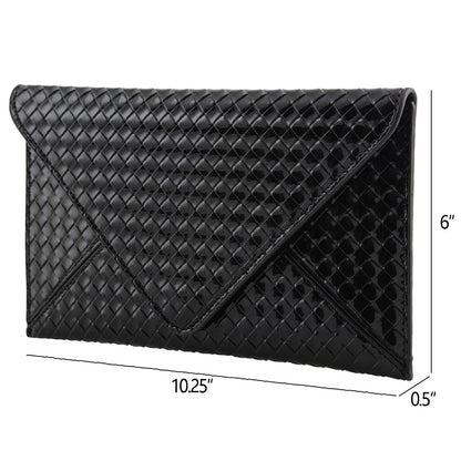 JNB Glossy Envelope Clutch Purse for Women, Faux Patent Leather Evening Bag with Detachable Chain Strap, Magnetic Snap Closure, Zipper Pocket, Black with Gold Hardware