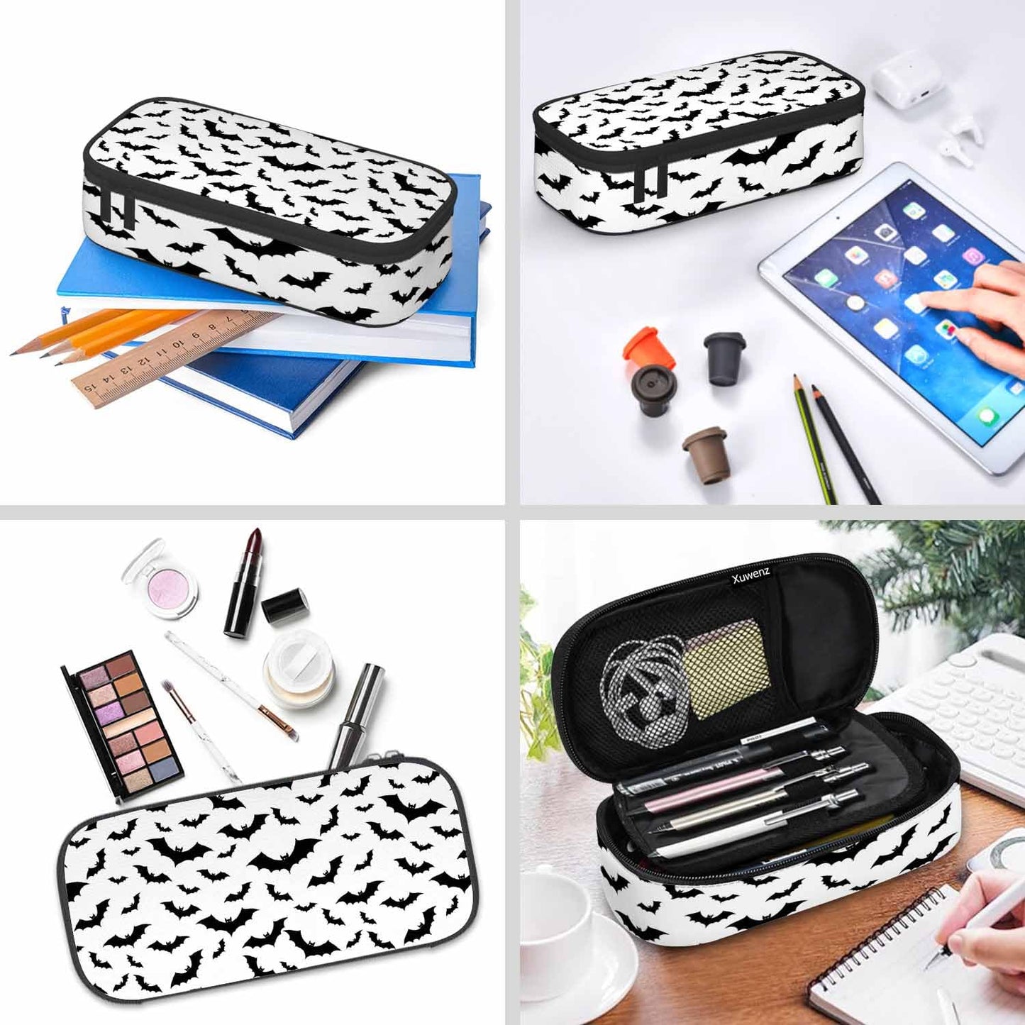 Xuwenz Black White Bats Pencil Case Halloween Bat Large Large Capacity Pen Pouch for School Student Office Adult Girl Boy