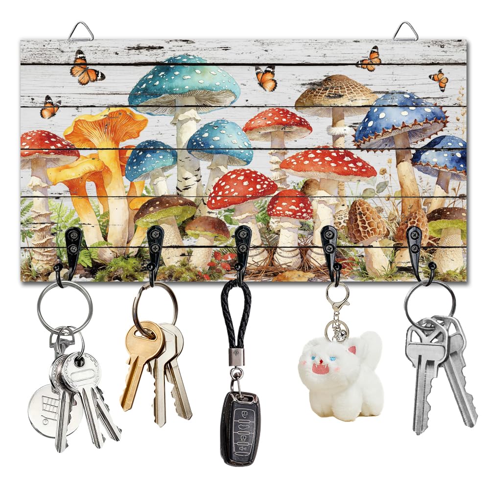 DELORIGIN Retro Mushrooms Key Holder Key Hooks Organizer Hanger Rack Butterflies Wall Mounted Wooden Key Rack with 5 Key Hooks for Home Entryway Front Door Kitchen Hallway Bedroom Wall Decor