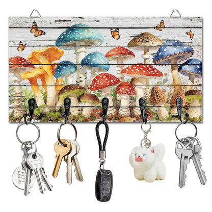 DELORIGIN Retro Mushrooms Key Holder Key Hooks Organizer Hanger Rack Butterflies Wall Mounted Wooden Key Rack with 5 Key Hooks for Home Entryway Front Door Kitchen Hallway Bedroom Wall Decor