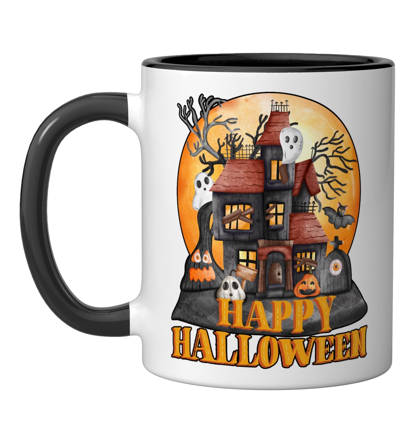 Fall season happy Halloween haunted houses spiders bats Ceramic Mug, Black/White