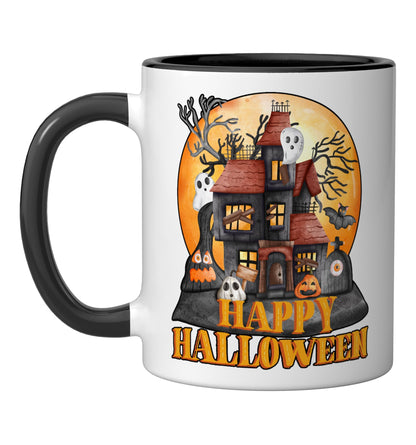 Fall season happy Halloween haunted houses spiders bats Ceramic Mug, Black/White