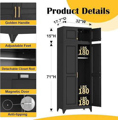 SteeLoong 86" Metal Armoire Wardrobe Closet with Doors,BlackTall Clothing Storage Cabinet with Adjustable Shelves and Hanging Rod,Wardrobe Closet for Bedroom,Home,Office,Gym