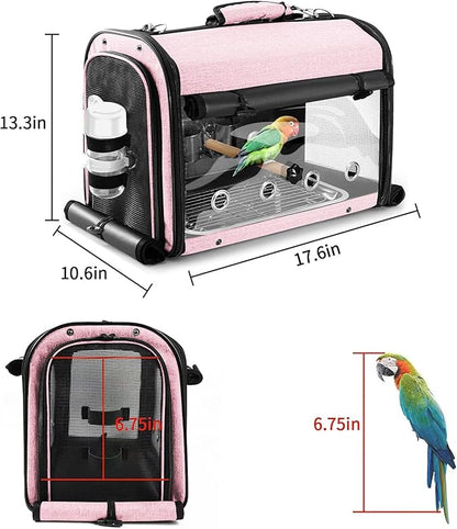 Bird Carrier Bag Bird Travel Cage with Stand, Lightweight Backpack for Parrot, Portable Bird Travel Bag, Pet Transparent Breathable Travel Cage, Pink