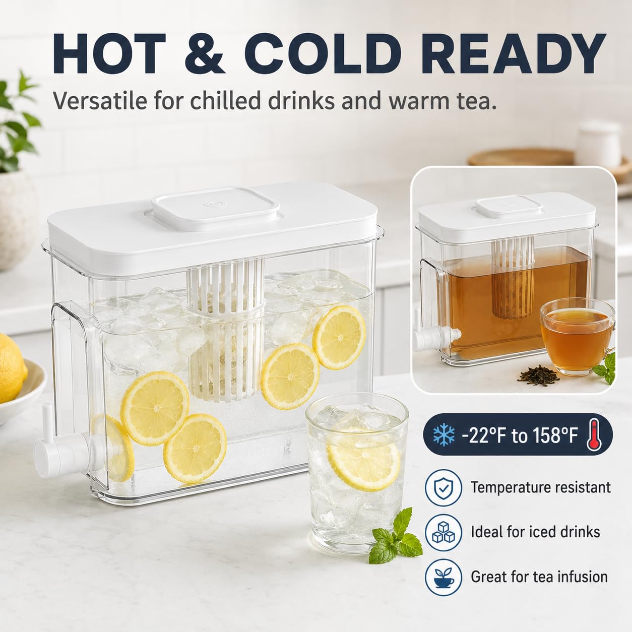 1.1 Gallon Beverage Dispenser with Spigot - BPA-Free Water Jug for Refrigerator, Includes 3 Ice Ball Molds & Bar Spoon - Leak-Proof Drink Container for Party, Iced Tea - White 5-Piece Set