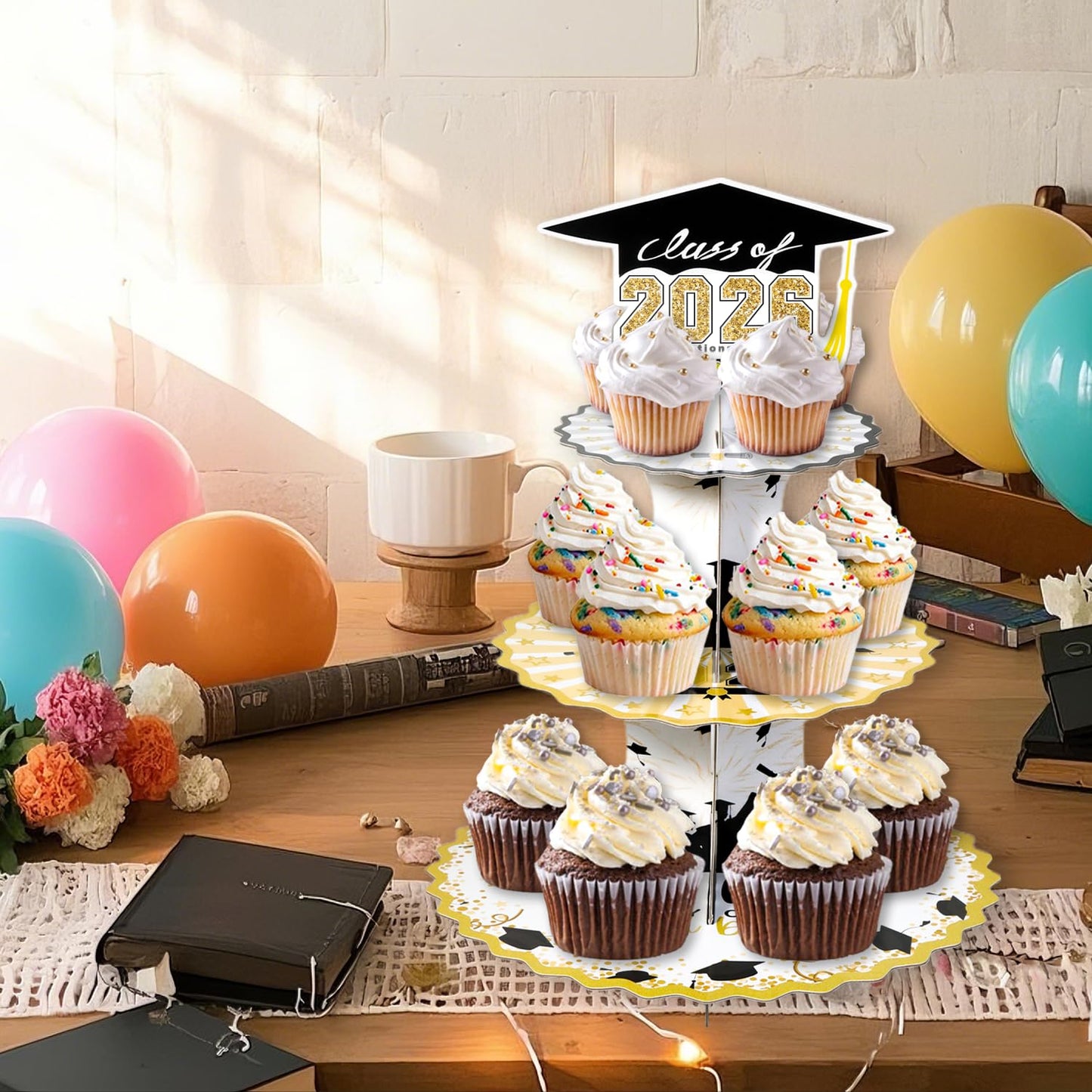 Crafterlife Set of 2 Graduation Cupcake Stand for 50 Cupcakes Black Gold Graduation Cap Decorations Cardboard Cake Dessert Holder Tower for Class of 2026 Congrats Grad Party Supplies