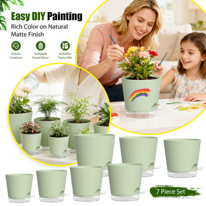 SQKH Plant Pots 4/5/5.5/6/6.5/7/8 Inch Self Watering Pots, 7 Pack Plastic Planters with Drainage Holes and Clear Saucers,Plastic Flower Pots,Nursery Planting Pot for Indoor Out Door Plants (Green)