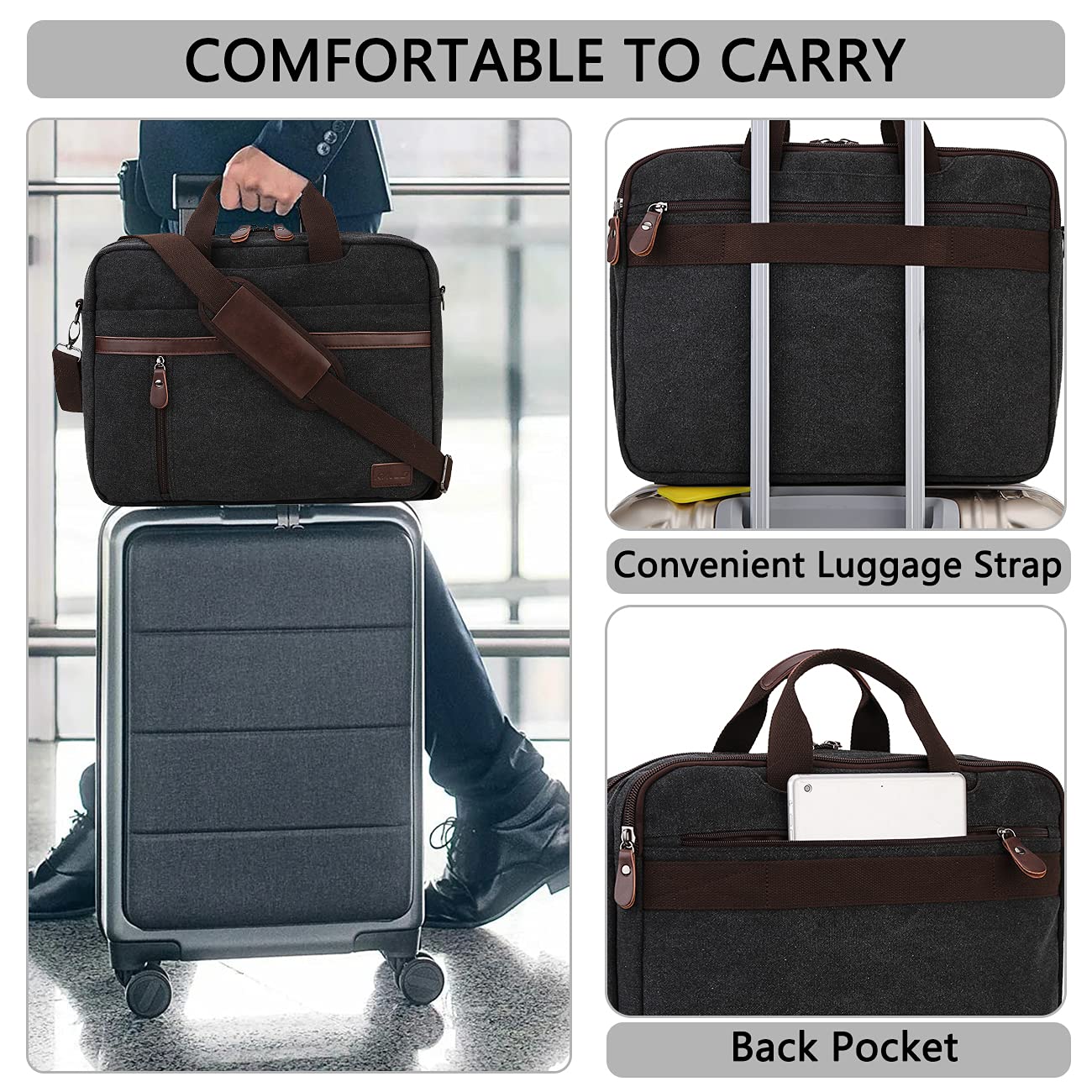 RAVUO Laptop Bag for Men, Water Resistant 17.3 Inch Laptop Messenger Bag Slim Canvas Briefcase for Work Business Black