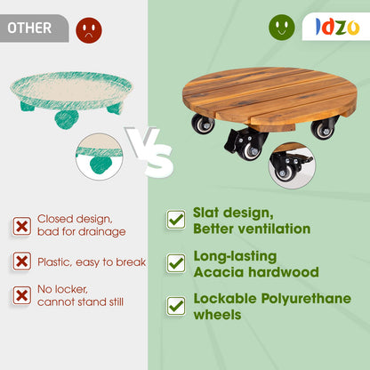 Idzo 2pack 12inches Wood Plant Caddy with Wheels Heavy Duty, 264 Lbs Capacity, Acacia Hardwood Plant Dolly, Plant Stand with 360° Lockable Wheels for Plant Pots, Heavy Objects Hauling - Natural Wood