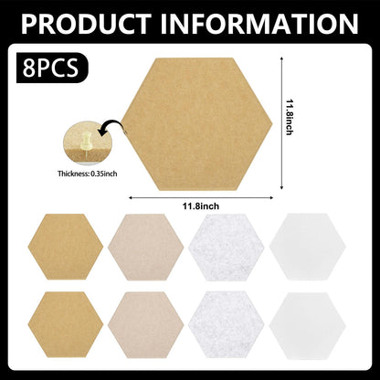 8 Packs White Grey Camel Hexagon Felt Pin Board, 12" Bulletin Board with 30 Push Pins, Felt Board for Home Kitchen Office Decor, Self-Adhesive Corkboard Tiles for Walls Message Photos Memos Display