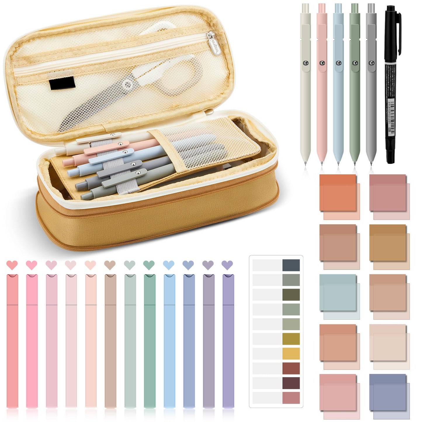 Jutom 39 Pcs Aesthetic Book Annotation Kit Highlighter with Case Bag Gel Pen Transparent Sticky Note Taking Bible Supplies(Khaki,Cute Style)