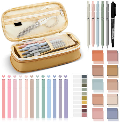 Jutom 39 Pcs Aesthetic Book Annotation Kit Highlighter with Case Bag Gel Pen Transparent Sticky Note Taking Bible Supplies(Khaki,Cute Style)